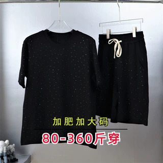加肥加大码街头潮牌重工烫钻全身满星星空T恤中裤套装男士短袖t恤