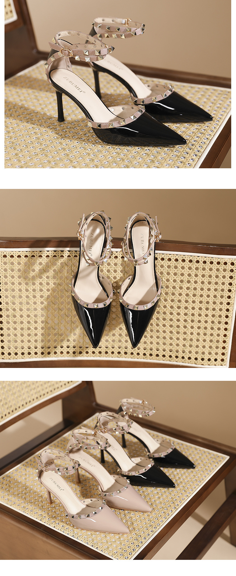 Sandal cao gót nữ mũi nhọn đinh tán gót nhọn — Màu đen chi tiết 9