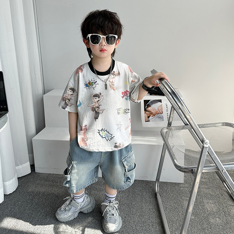 7271 Traje de niño Camiseta con estampado Nezha de manga corta de verano 2025 nuevo traje de dos piezas de verano para niños 5