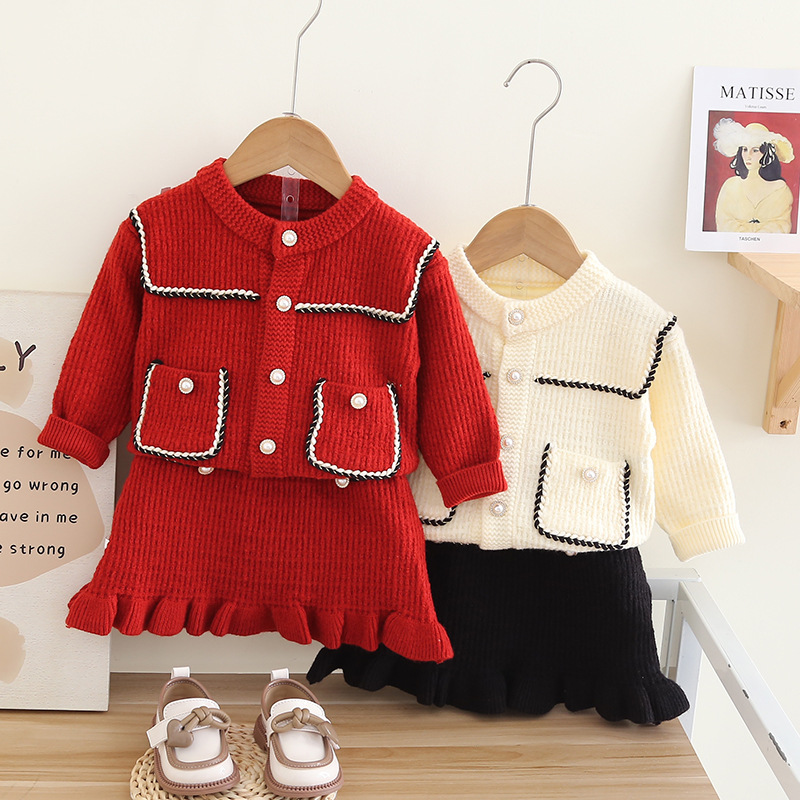 Kinder Pullover Kleine Duftende Tasche Gestrickte Rock Mädchen Baby Modische Einfarbig Strickjacke Zwei stück Set_voghion.com