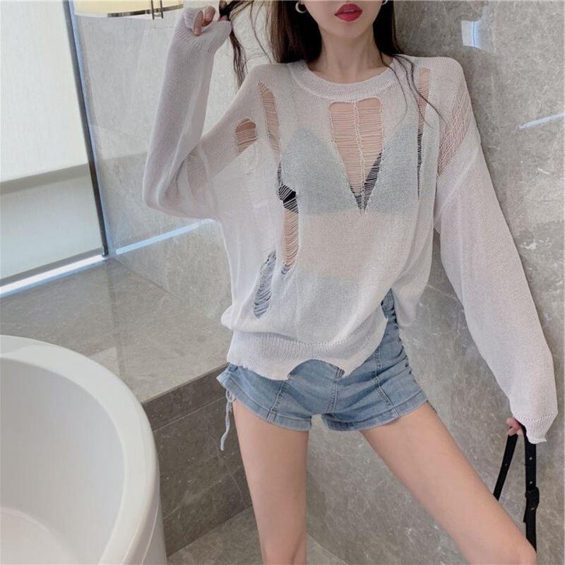 2022 Early Spring New Pullover Loose Niche Thin Ice Silk Knitted Sweater Women's Ripped Hollow Blouse Sunscreen Top 2022 Early Spring New Pullover Loose Niche Thin Ice Silk Knitted Sweater Women's Ripped Hollow Blouse Sunscreen Top