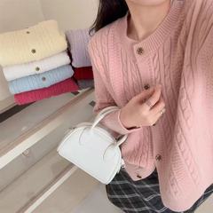 韩系外贸新款麻花纹理编织圆领单排扣简约长袖宽松针织开衫女