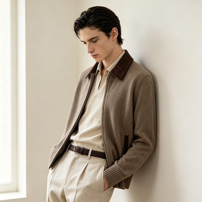 Xizima Autumn/Winter Versatile Zipper Jacket with Suede Trim, Old Money Style Wool Cardigan Coat for Business Men Xizima Autumn/Winter Versatile Zipper Jacket with Suede Trim, Old Money Style Wool Cardigan Coat for Business Men