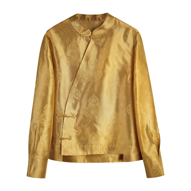 New Chinese Style 100% Real Silk Mulberry Silk National Style Stand Collar Shirt for Women, High-End Long-Sleeved Top Xz779
