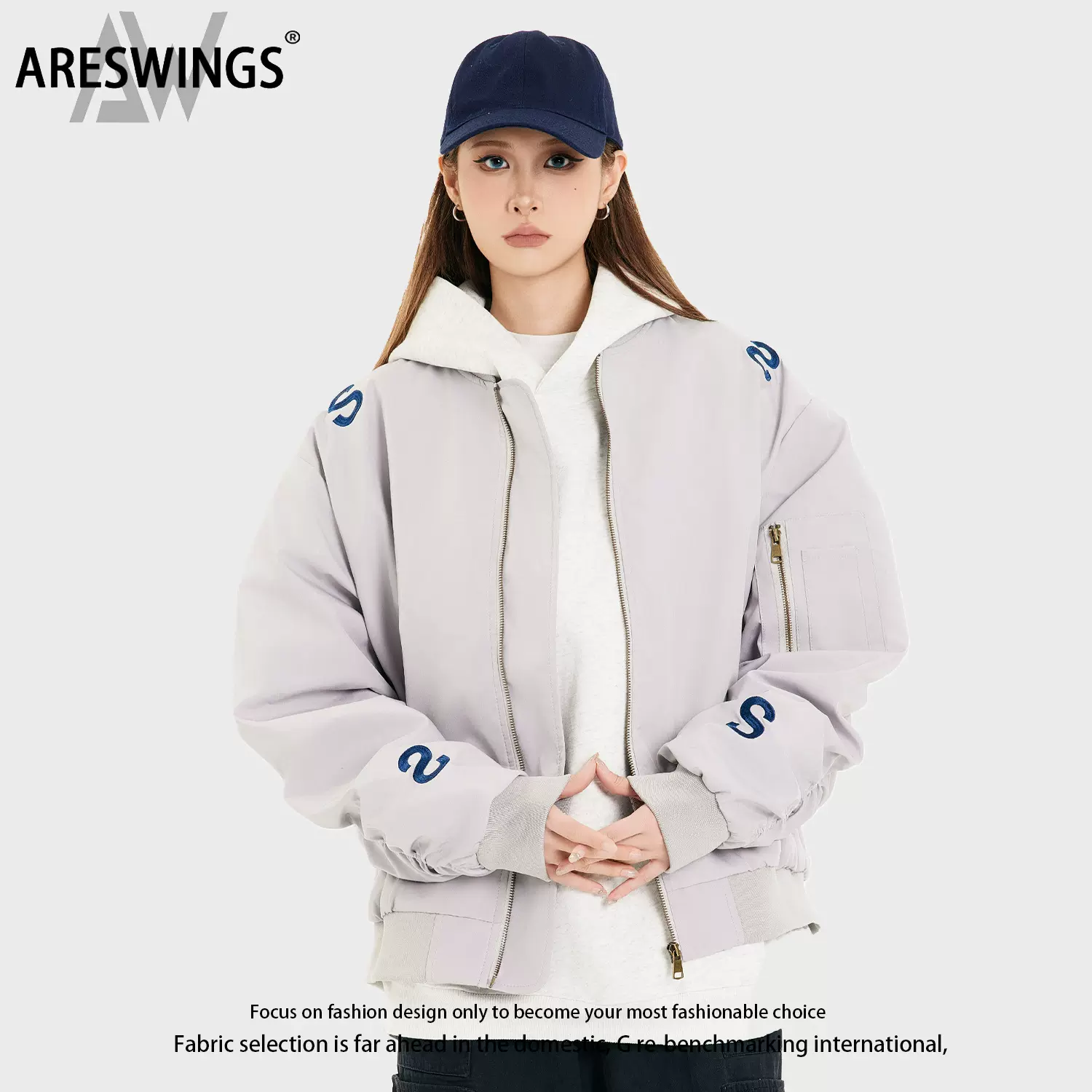 ARESWINGS美式街头刺绣字母立领飞行夹克男女小众设计夹克外套