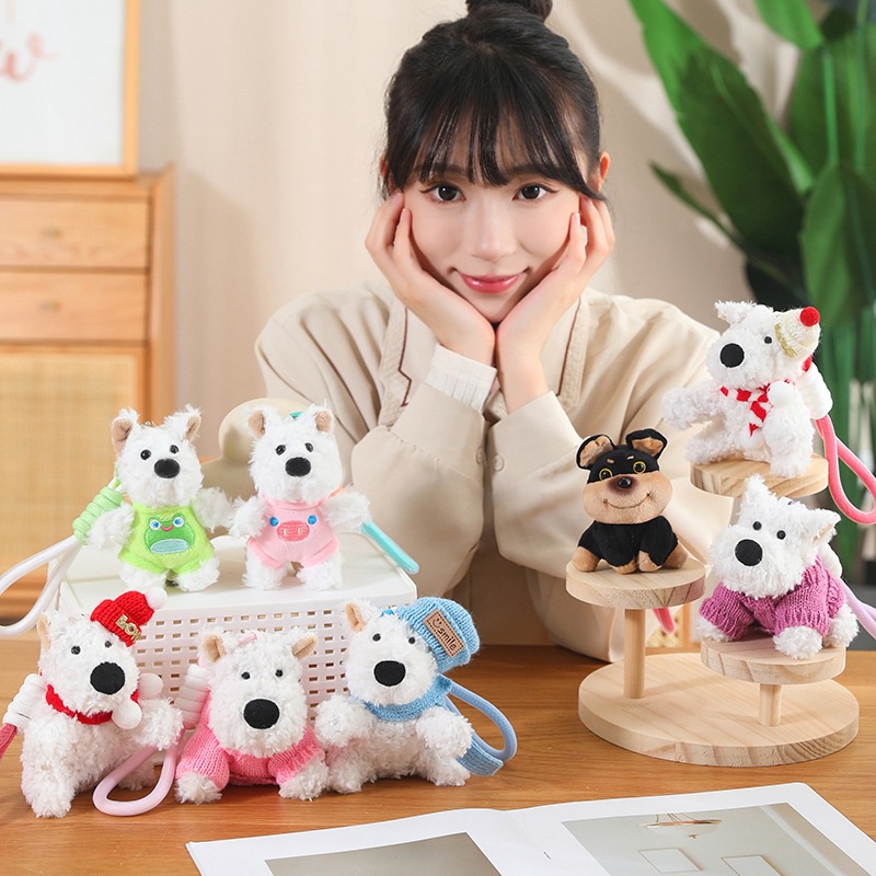 Cute niña garabateado perro West Highland puppy peluche mini muñeca regalo bolsas colgantes al por mayor
