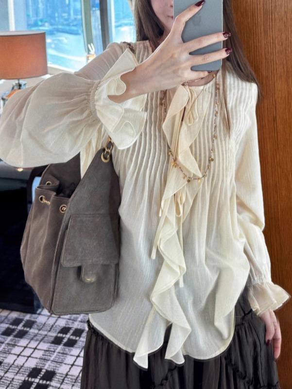 棉系带荷叶边长袖衬衫设计感花瓣袖早秋气质小众法式上衣女|undefined