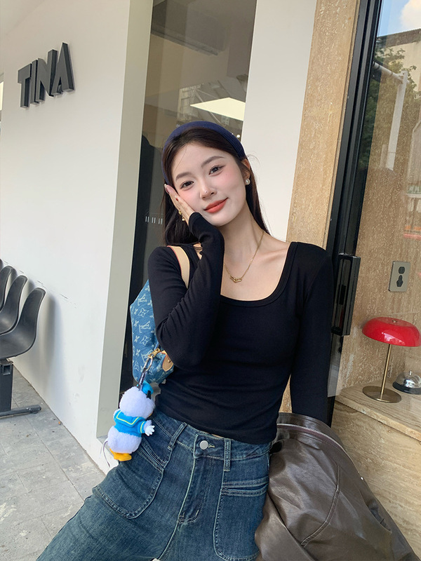 方领长袖t恤女2025秋季女装新款修身百搭内搭打底衫短款纯色上衣|undefined