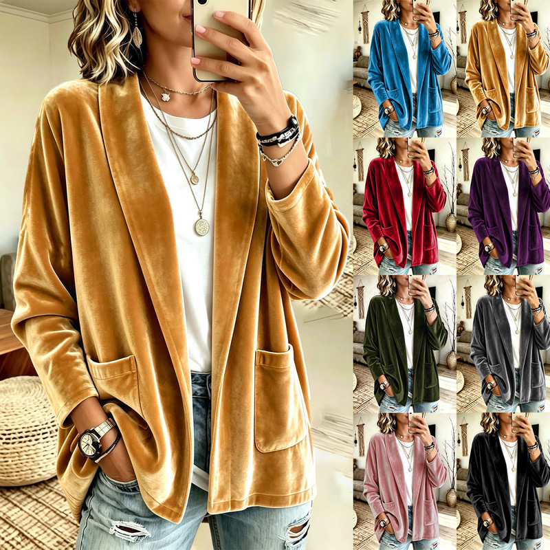 2026 Autumn/Winter New European and American Cross-Border Foreign Trade Supply Solid Color Gold Velvet Women's Long-Sleeve Cardigan Coat Top for Autumn 2026 Autumn/Winter New European and American Cross-Border Foreign Trade Supply Solid Color Gold Velvet Women's Long-Sleeve Cardigan Coat Top for Autumn