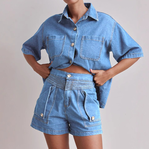 2025 Summer Amazon Cross-border European and American Women's Casual Retro Loose Shirt and Denim Shorts Set for Women