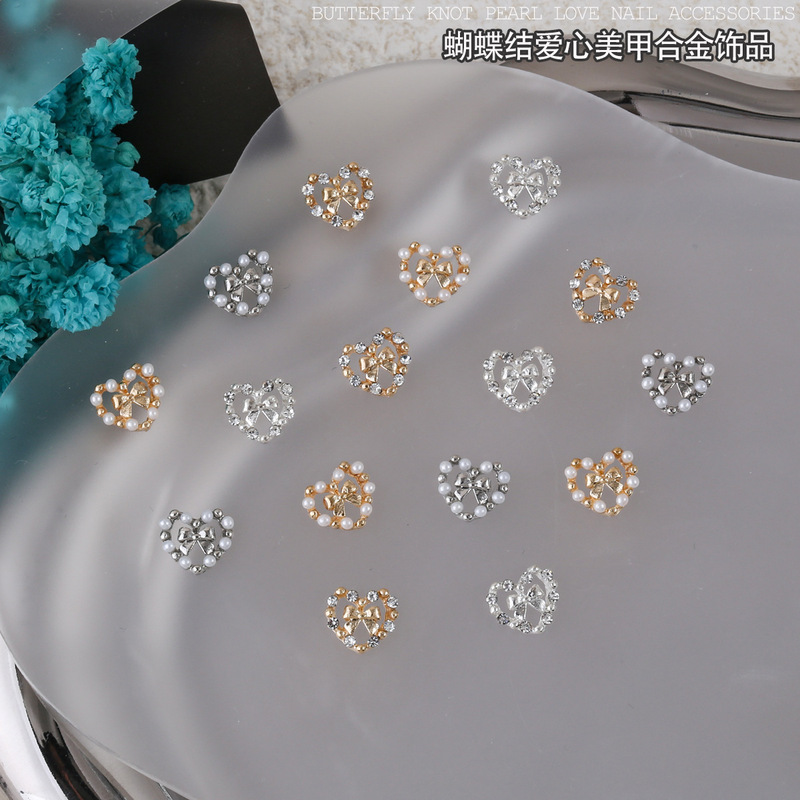 Nail Art Alloy Heart-Shaped Accessories, Light Luxury Diamond-Encrusted Pearl Bow Nail Decorations, Gold and Silver 3D Nail Ornaments Nail Art Alloy Heart-Shaped Accessories, Light Luxury Diamond-Encrusted Pearl Bow Nail Decorations, Gold and Silver 3D Nail Ornaments