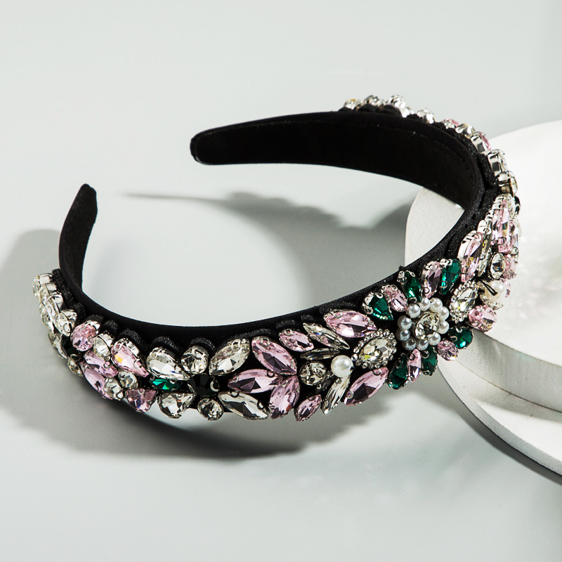 European And American Color Headband Female Flower-shaped Rhinestone Pearl Headband display picture 5