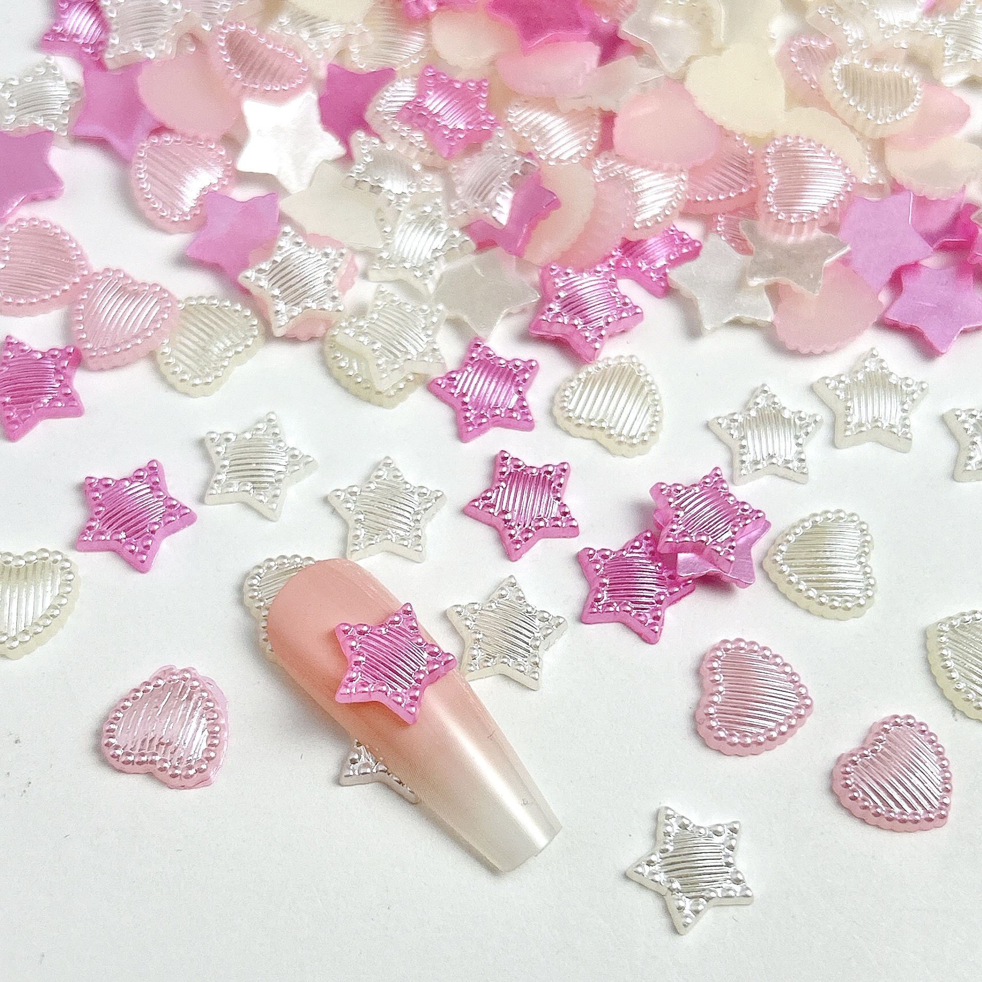 跨境新款diy美甲饰品配件平底仿珍珠树脂10mm条纹桃心五角星批发