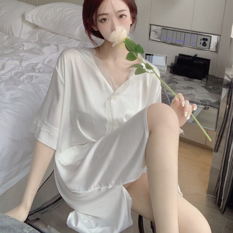 (2개) 나이트 드레스 여성 2023 새로운 잠옷 여름 느슨한 얇은 흰색 셔츠 레이스 여름 홈 옷