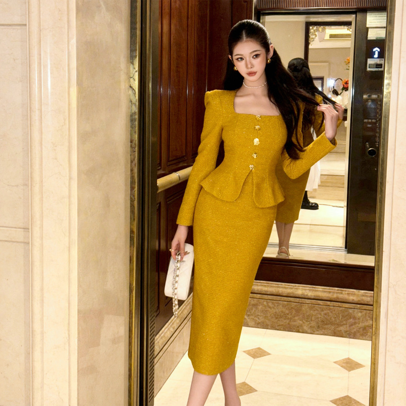 2026 Spring New Women's French Style Square Neck Single-Breasted Waist-Cinching Belly-Covering Hip-Hugging Faux Two-Piece Dress 22026 2026 Spring New Women's French Style Square Neck Single-Breasted Waist-Cinching Belly-Covering Hip-Hugging Faux Two-Piece Dress 22026