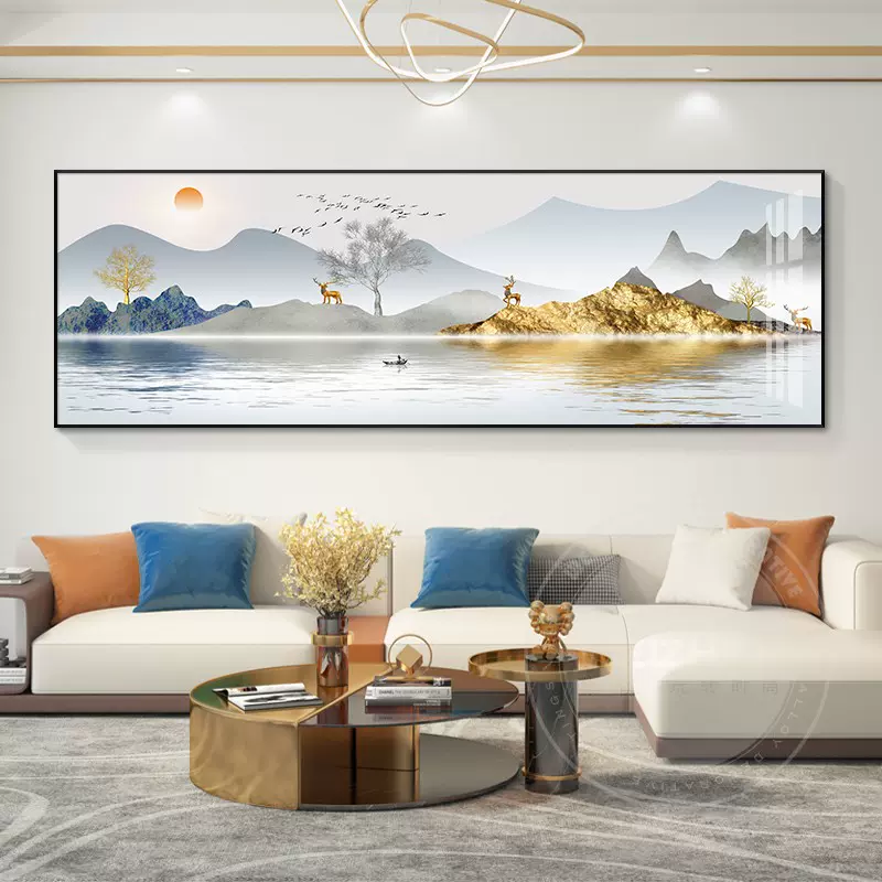 旭日东升  现代轻奢客厅装饰画山水画横版背有靠山沙发背景墙挂画