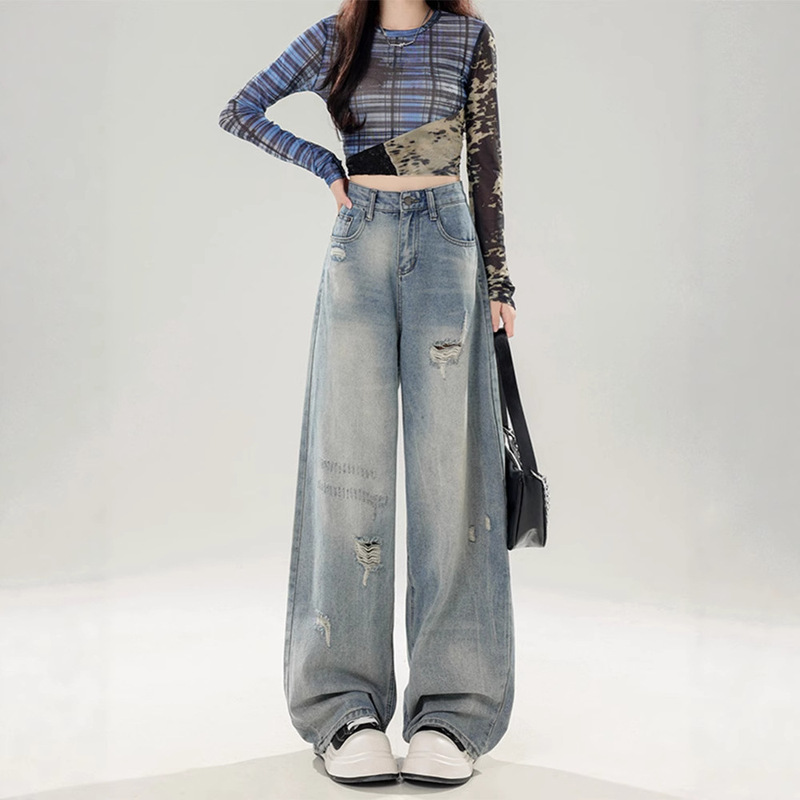 American Retro Ripped Jeans for Women 2025 Spring and Autumn Petite Straight Loose Slimming Plus Size Wide-Leg Pants