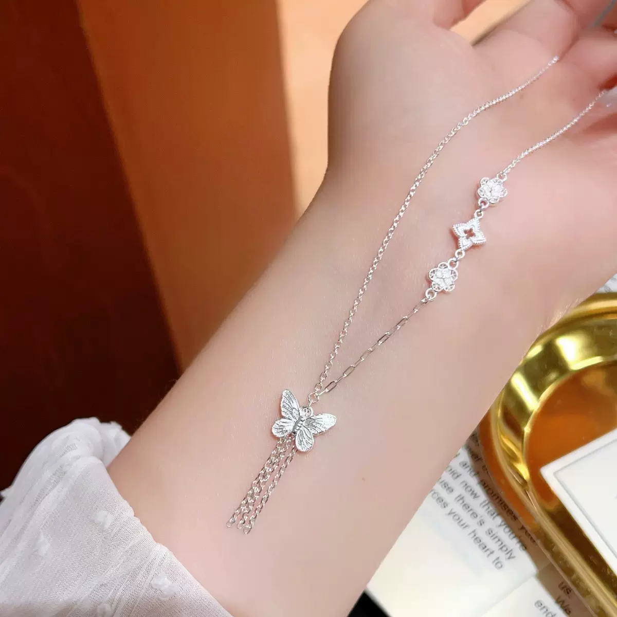 小众设计感爱心蝴蝶项链女锁骨链足银流苏吊坠百搭气质七夕情人节
