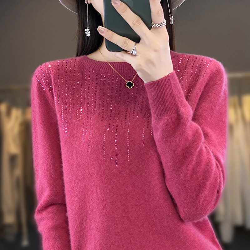 Ropa de primera línea sin costuras 2023 otoño e invierno nuevas mujeres cuello redondo Jersey de manga larga con lentejuelas camisa de fondo de punto Andy Velvet
