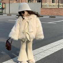 韩国童装女童仿皮草托卡夹棉加厚外套针织喇叭裤套装外贸