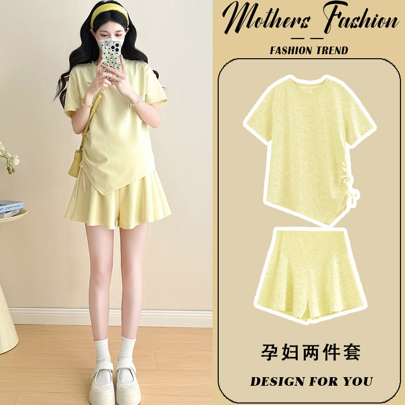 Maternity sportswear summer new fashion loose simple yellow outdoor thin short-sleeve top and shorts two-piece set Maternity sportswear summer new fashion loose simple yellow outdoor thin short-sleeve top and shorts two-piece set