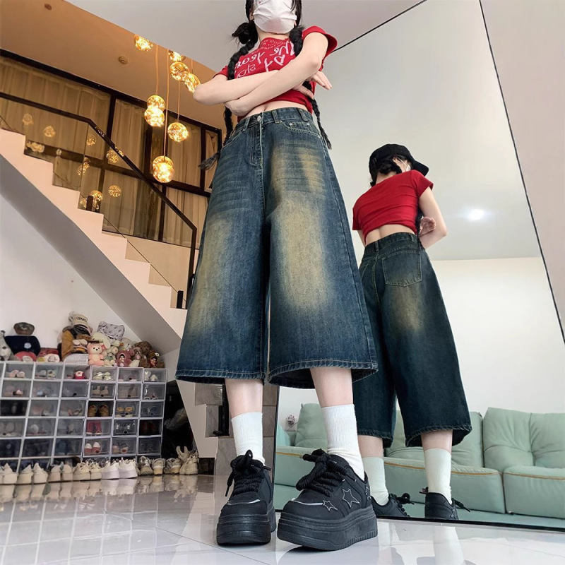 American Style Cropped Jeans for Women 2025 Summer High Waist Slim Retro Large Size Loose Straight Wide Leg Medium Pants