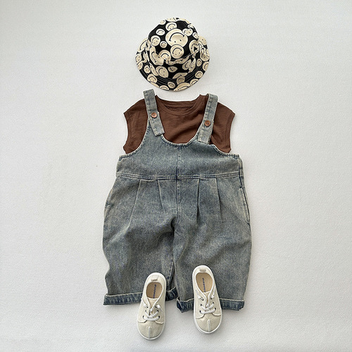 Summer and Autumn New Arrival Unisex Korean Style Simple Matchable Onesie for Kids, Retro Cute Trendy Light Blue Denim Overalls with Pockets