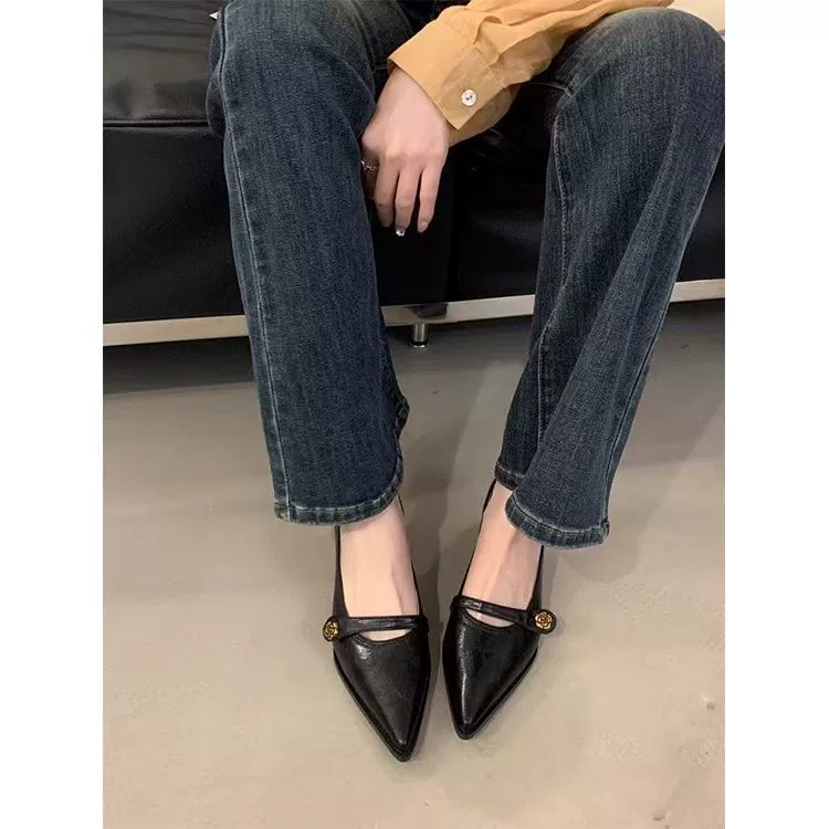 Туфли на высоком каблуке с острым носком, элегантные женские туфли на толстом каблуке, новые французские ретро-туфли на среднем каблуке для работы, осень 2024 года