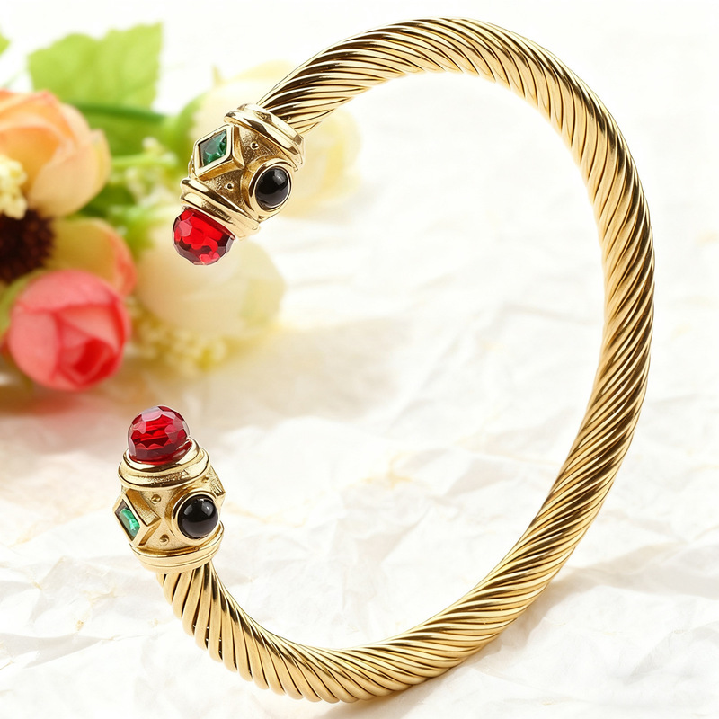 304 stainless steel cable bracelet inlaid with multi-colored zircon, light luxury 18k gold non-fading C-shaped open bangle jewelry