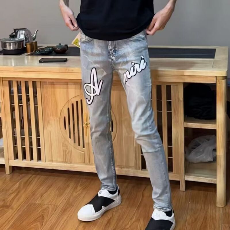 Am Patch American High Street Jeans Trendy Brand Men's Embroidered Trendy Slim Fit Casual Stylish Pants