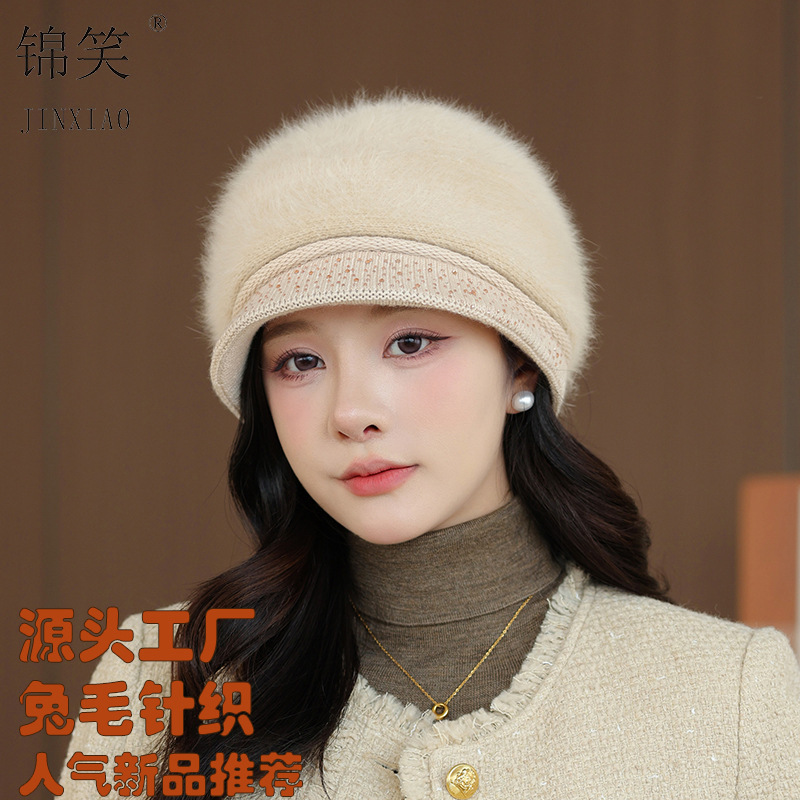 新款亮钻保暖盆帽秋冬女兔毛针织毛线帽时尚百搭加绒加厚妈妈帽子|undefined