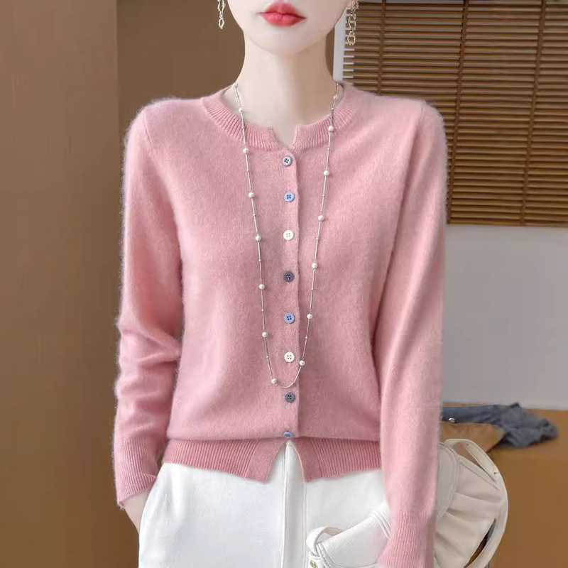 24 Autumn and Winter New 100 Wool Cardigan Women's Crewneck Long Sleeve Simple Knitted Sweater Loose Cashmere Coat Top