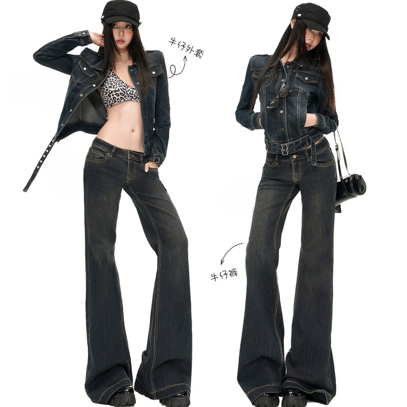 [Jin Yin] Retro-style, trendy jacket with a double-belt design, paired with low-waist, American-style, slightly flared, floor-length jeans for women