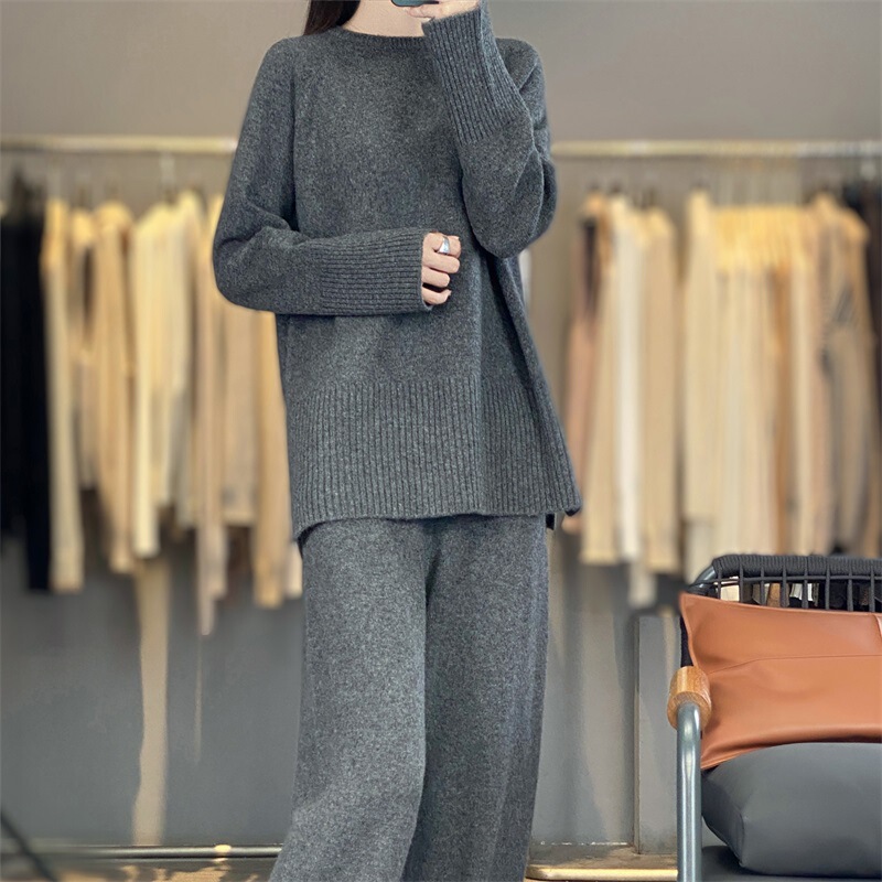 2025 New Autumn and Winter Pure Wool Round Neck Threaded Knitwear Women's Pure Color Loose High Waist Wide Leg Pants Suit