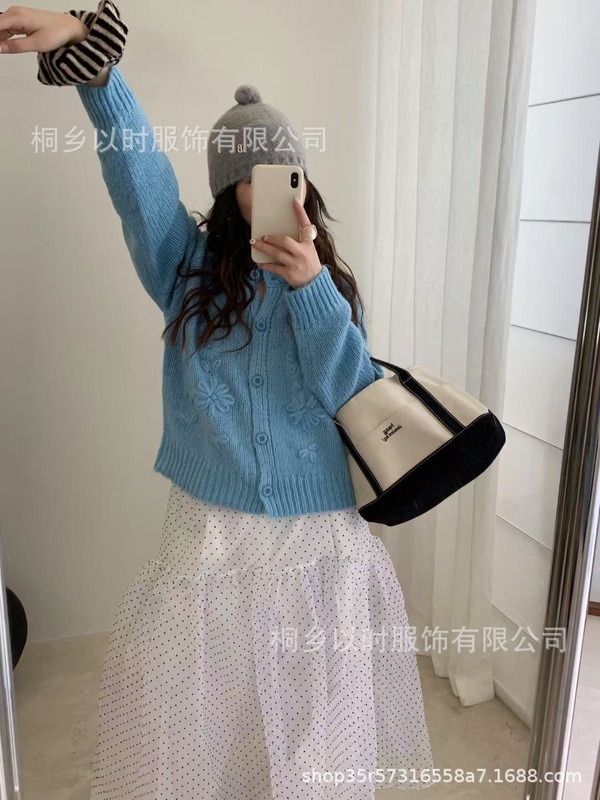 以时 秋冬戏弄韩系重工绣花针织开衫女 圆领花朵刺绣毛衣外套女|undefined