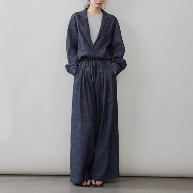 2025 Spring New Linen Cotton Denim Suit Premium Fake Two-Piece Jacket Loose Wide Leg Trousers