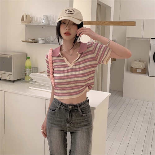 Retro polo neck striped short-sleeved sweater women's summer new style ins slim slimming and chic T-shirt top
