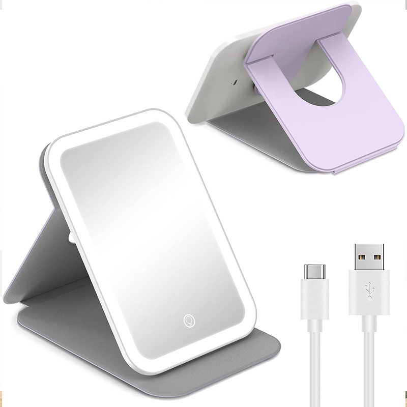 Factory Customized Cross-Border Led Mirror Leather Case Pu Leather Ultra-Thin Cosmetic Mirror Protective Cover Rotating Mirror Leather Case