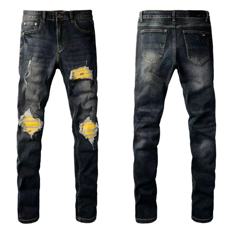 New High Street Am Trendy Brand Jeans for Men with Ripped Cobra Embroider and Leather Patches, Elastic Slim Fit Black