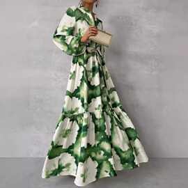 Printed long sleeved tied waist dress 女士印花长袖系绳连衣裙