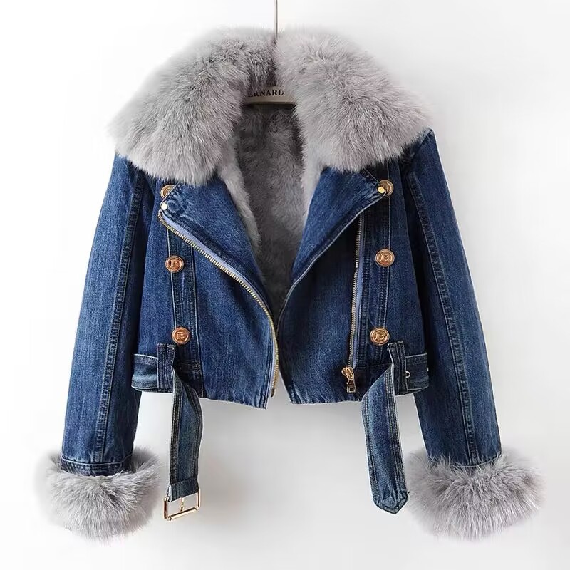 Vêtements pour femmes automne et hiver nouvelle fourrure amovible doublure en fourrure de lapin veste en jean veste courte pour femme veste de fête_voghion.com
