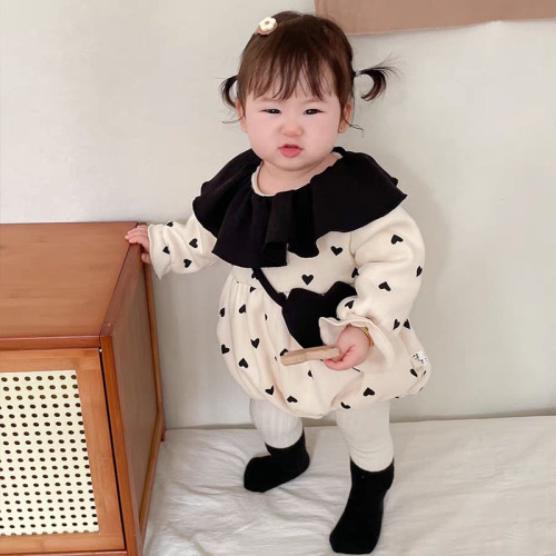 Korean version of autumn and winter baby love plus velvet harem princess bag fart clothing winter warm jumpsuit baby festive crawl suit