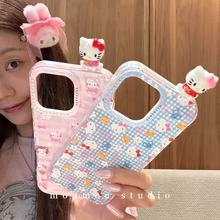 可爱格纹满屏冰淇淋立体猫咪适用iPhone16promax苹果15手机壳14女