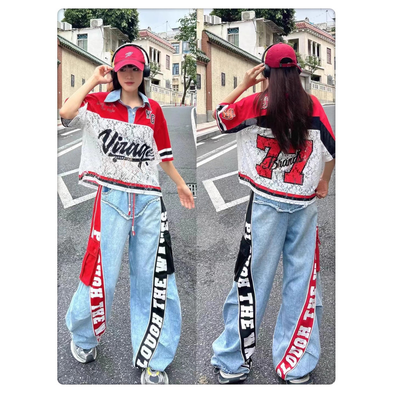 European Style Long-Sleeve T-Shirt for Women, 2026 Spring/Summer New Style, Heavy-Duty Patchwork Denim Sleeves, Striped Color-Blocking Drawstring Top, Trendy European Style Long-Sleeve T-Shirt for Women, 2026 Spring/Summer New Style, Heavy-Duty Patchwork Denim Sleeves, Striped Color-Blocking Drawstring Top, Trendy