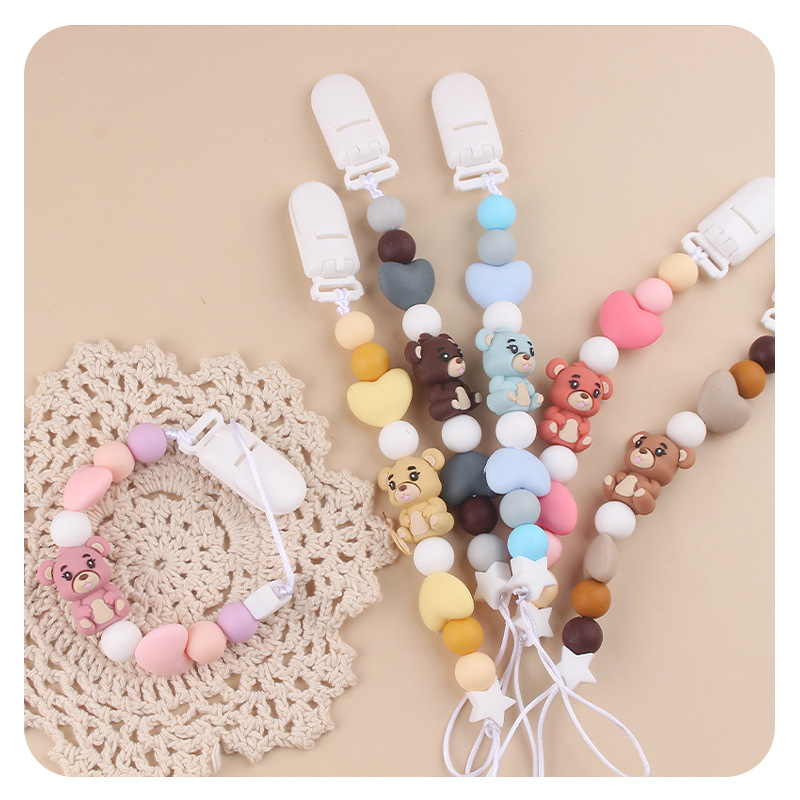 Nuevo oso de dibujos animados amor cadena de tetas de silicona bebé mordida cadena de dientes molares cadena de dientes anti-caída cadena pacificadora tetas de goma de diente