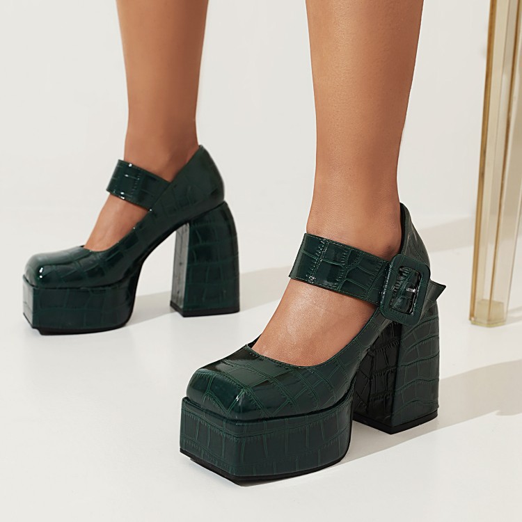Square head thick with waterproof platform buckle high heels large size women's shoes stone pattern_voghion.com