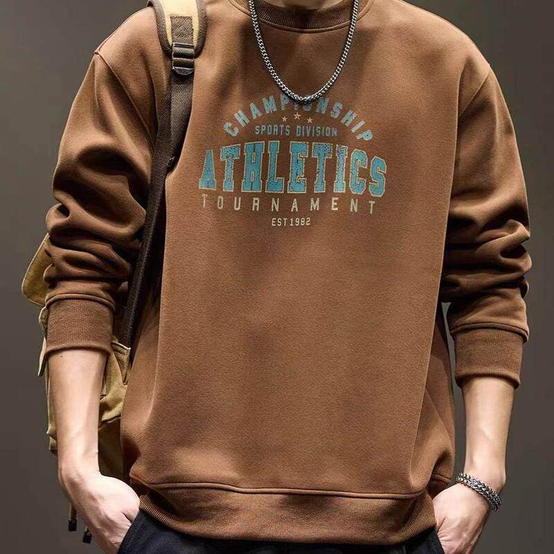 American Retro Heavyweight Round-Neck Printed Sweatshirt for Men, Autumn Loose Trendy Brand Inner Layer Pullover Top for Men