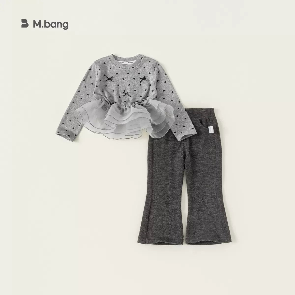 邦选童装女童套装网纱拼接波点上衣纯色喇叭裤儿童两件套时尚套装