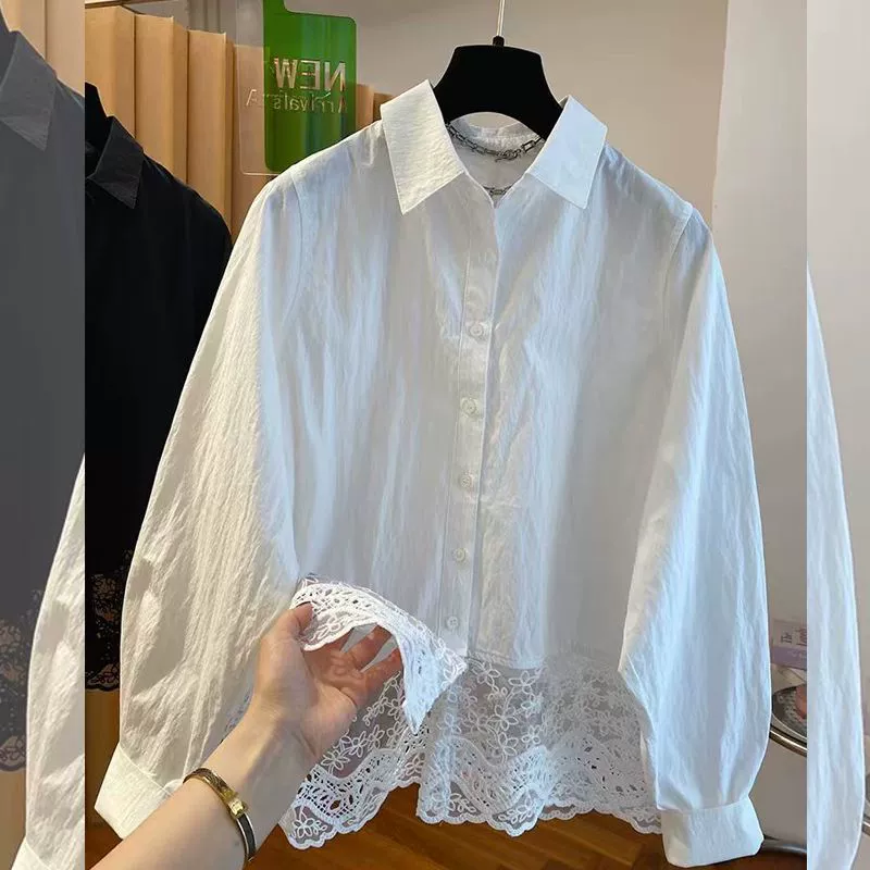 Весенняя кружевная белая рубашка, тренд сезона, западный стиль, oversize