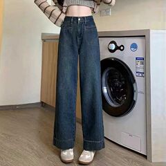 大码深色牛仔裤女夏季2025胖mm高腰宽松小个子显瘦阔腿直筒长裤子